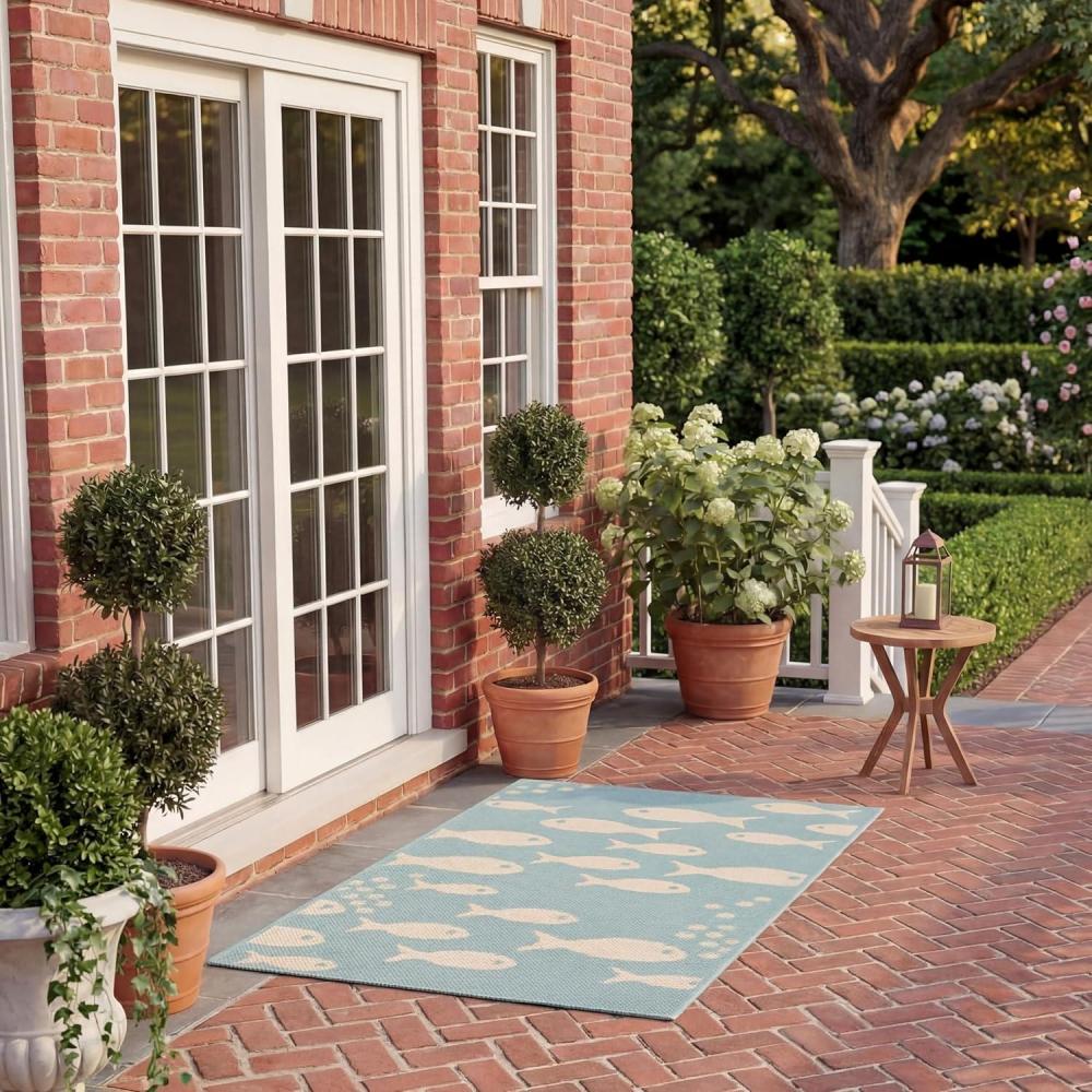 image:imageSAFAVIEH Washable Rug Outdoor Courtyard Collection 2 x 37 Aqua Blue amp Beige NonShedding amp Easy Cleaning Ideal for Patio Front Door Entryway Doormat CY6012223AquaBeige