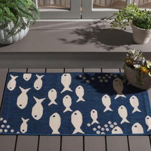 SAFAVIEH Washable Rug Outdoor Courtyard Collection – 2′ x 3’7″, Aqua Blue & Beige, Non-Shedding & Easy Cleaning, Ideal for Patio, Front Door, Entryway, Doormat (CY6012-223)(Navy/Beige)