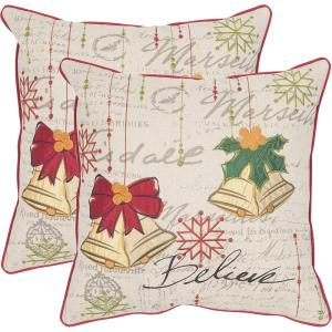Safavieh Pillow Collection Throw Pillows, 18 by 18-Inch, Holiday Bells Beige and Multicolored, Set of 2