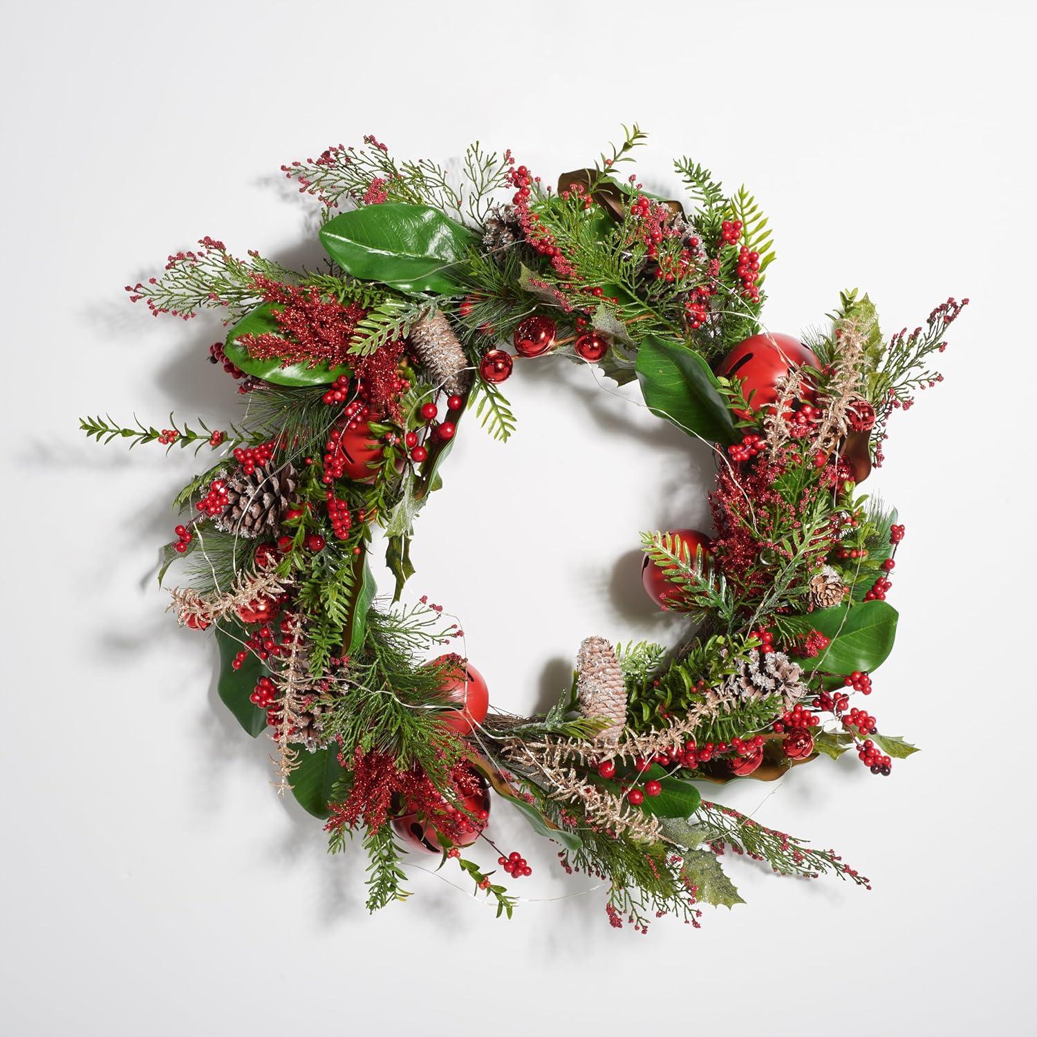 image:imageSAFAVIEH Home Collection 30inch Decorative Artificial Myrtle Wreath with Red Bells LED Light Fully Assembled