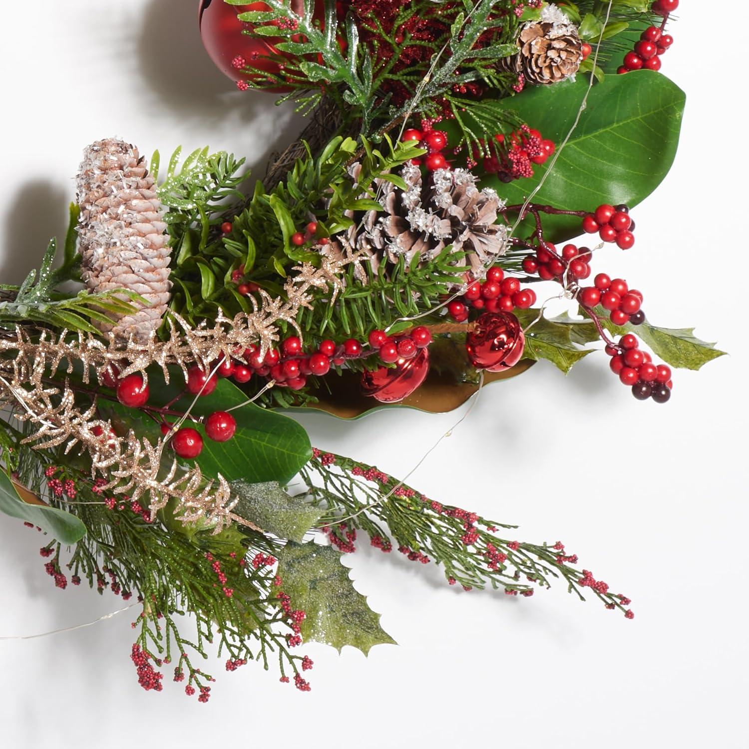 image:imageSAFAVIEH Home Collection 30inch Decorative Artificial Myrtle Wreath with Red Bells LED Light Fully Assembled
