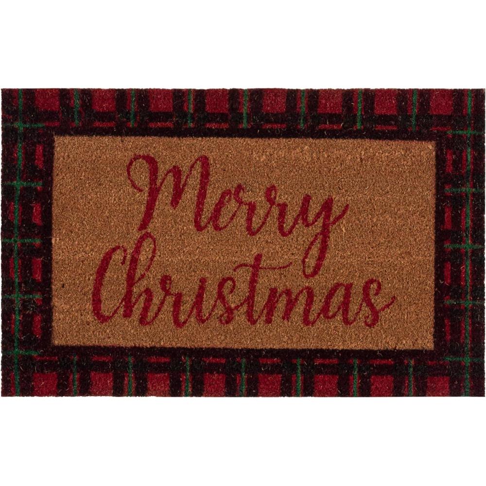 image:imageSAFAVIEH Accent Rug 111x3 Door Mat Collection Natural amp Red Natural Coir Merry Christmas Design Ideal for Front Door Patio Entryway Mudroom Deck Welcome Mat DMTS232QNaturalRed