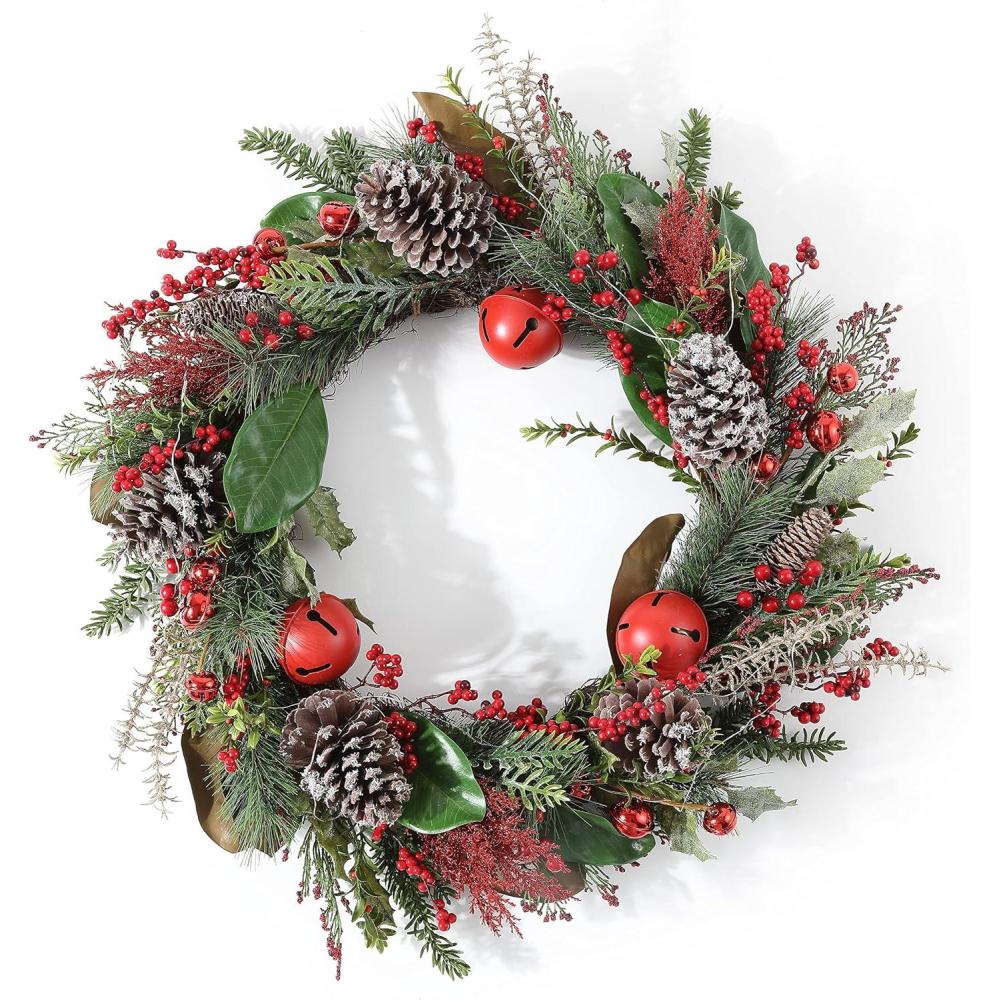 image:imageSAFAVIEH Home Collection 30inch Decorative Artificial Myrtle Wreath with Red Bells LED Light Fully Assembled