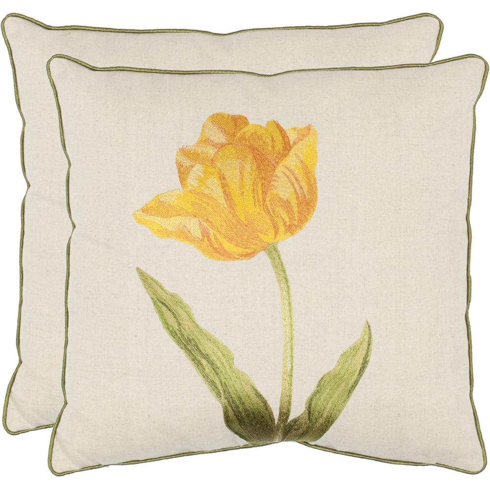 image:imageSAFAVIEH Home Collection Meadow Embroidered Gold Floral 18inch Square Pillow with InsertGold