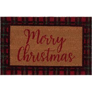 SAFAVIEH Accent Rug 1’11″x3′ – Door Mat Collection – Natural & Red, Natural Coir, Merry Christmas Design, Ideal for Front Door, Patio, Entryway, Mudroom, Deck, Welcome Mat (DMTS232Q)(Natural/Red)