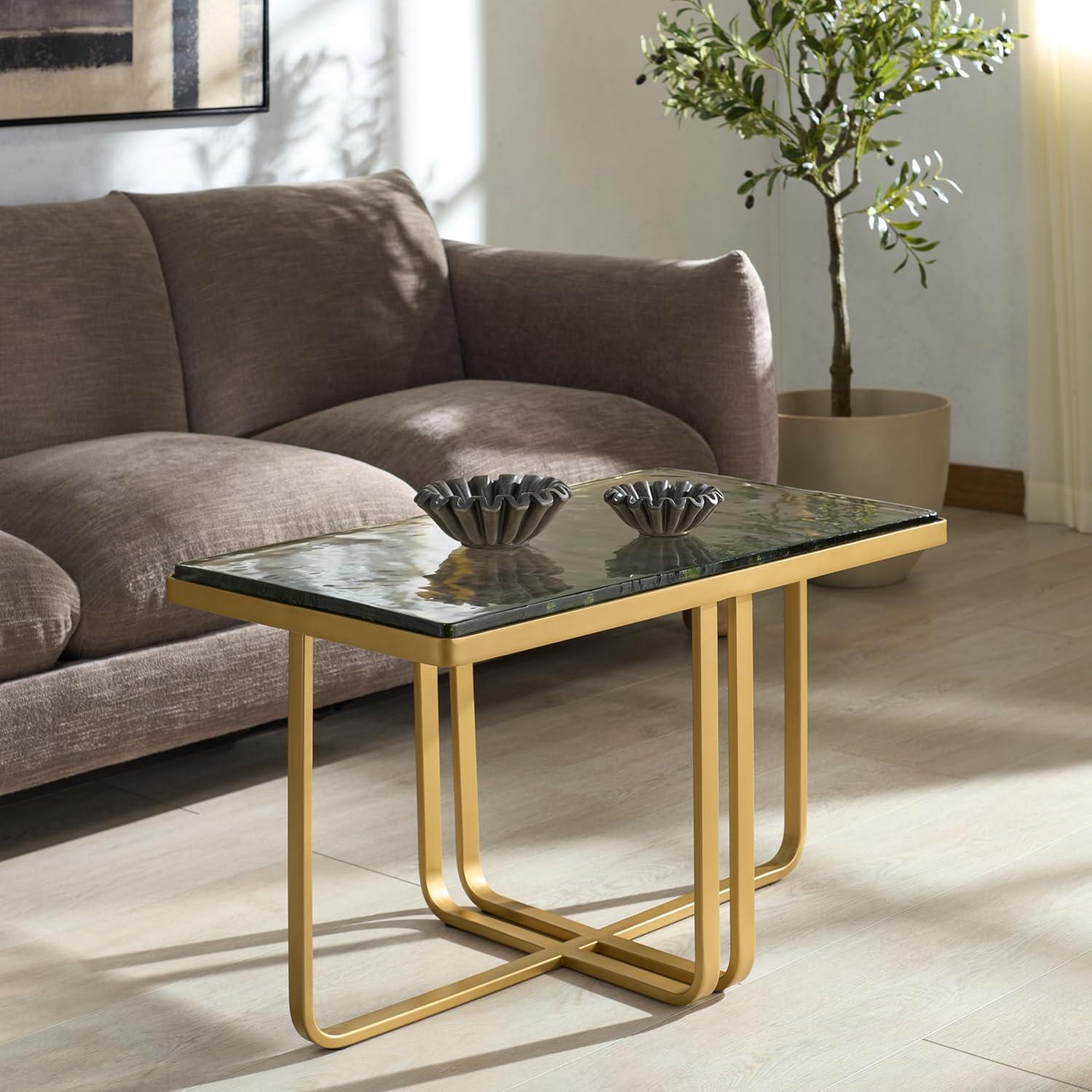 image:imageSAFAVIEH Couture Collection Dominic Cast Brass amp Clear Glass Rectangular Coffee Table Modern Accent Cocktail Table SFV7918ABrassClear
