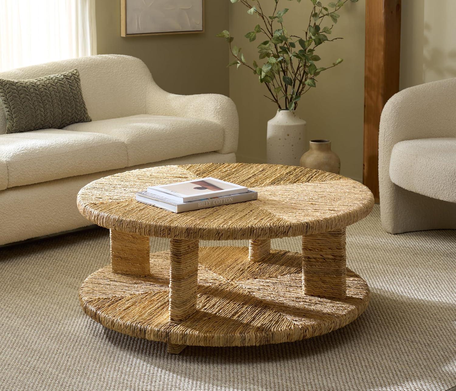 image:imageSAFAVIEH Couture Collection Rolando Natural Abaca Coffee Table Round Woven Accent Table Fully Assembled CWK2027ANatural