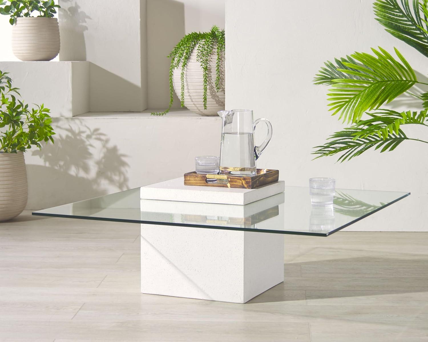 image:imageSAFAVIEH Couture Collection Sophibeth Ivory Coffee Table Square Concrete Base with Clear Glass Top Modern Accent Table SFV2611AIvoryClear
