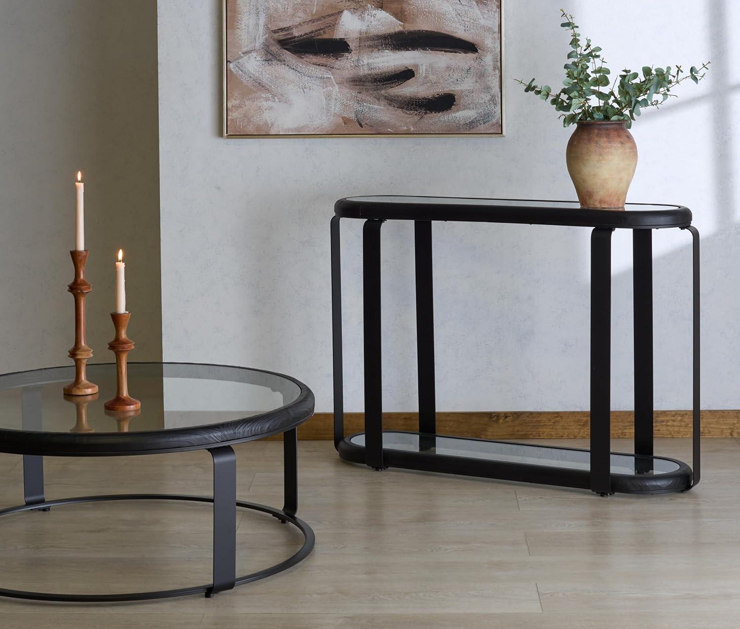 image:imageSAFAVIEH Couture Collection Tyrese Black Metal Coffee Table Round Clear Glass Top Modern Minimalist Accent Table SFV3005ABlackClear