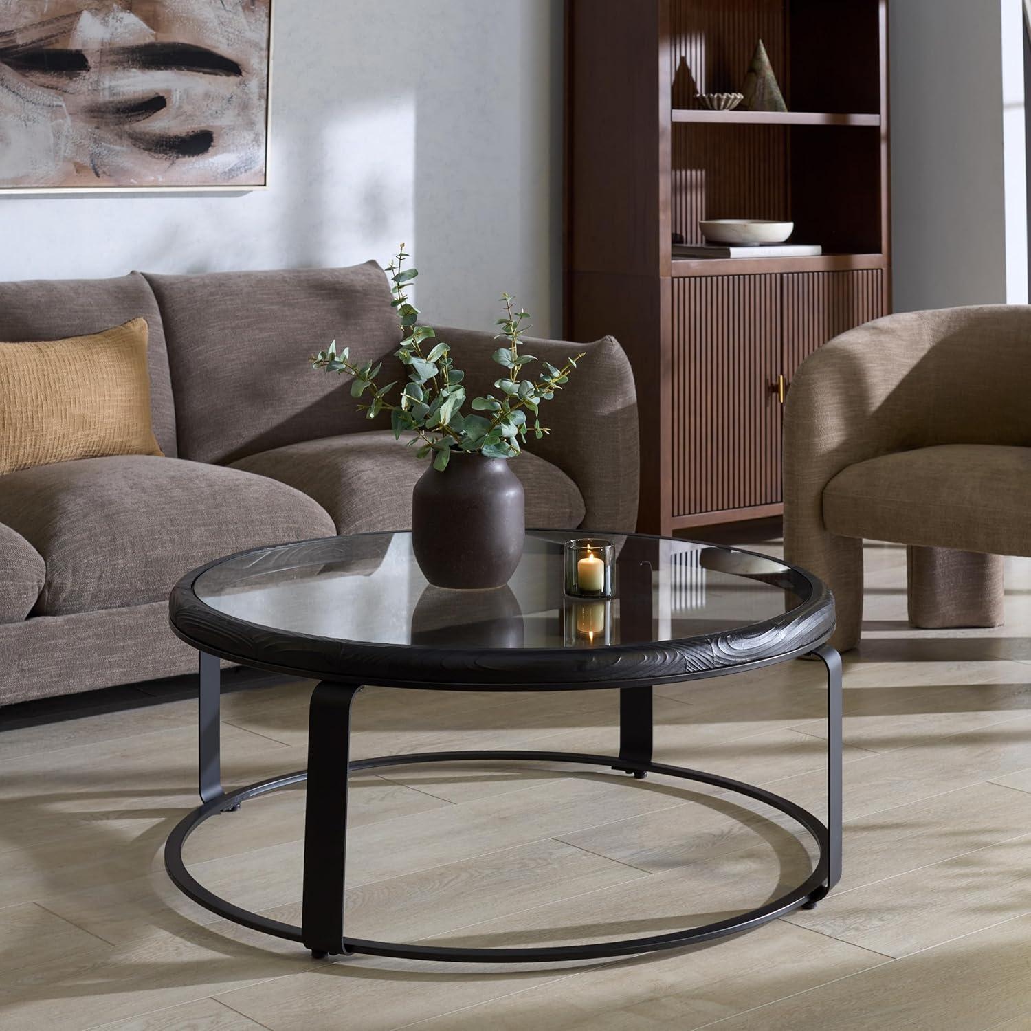 image:imageSAFAVIEH Couture Collection Tyrese Black Metal Coffee Table Round Clear Glass Top Modern Minimalist Accent Table SFV3005ABlackClear