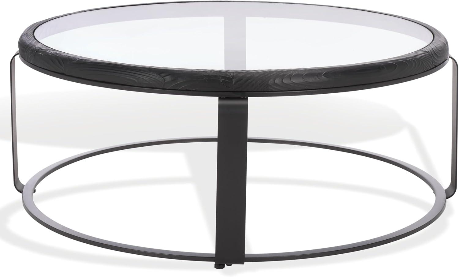 image:imageSAFAVIEH Couture Collection Tyrese Black Metal Coffee Table Round Clear Glass Top Modern Minimalist Accent Table SFV3005ABlackClear