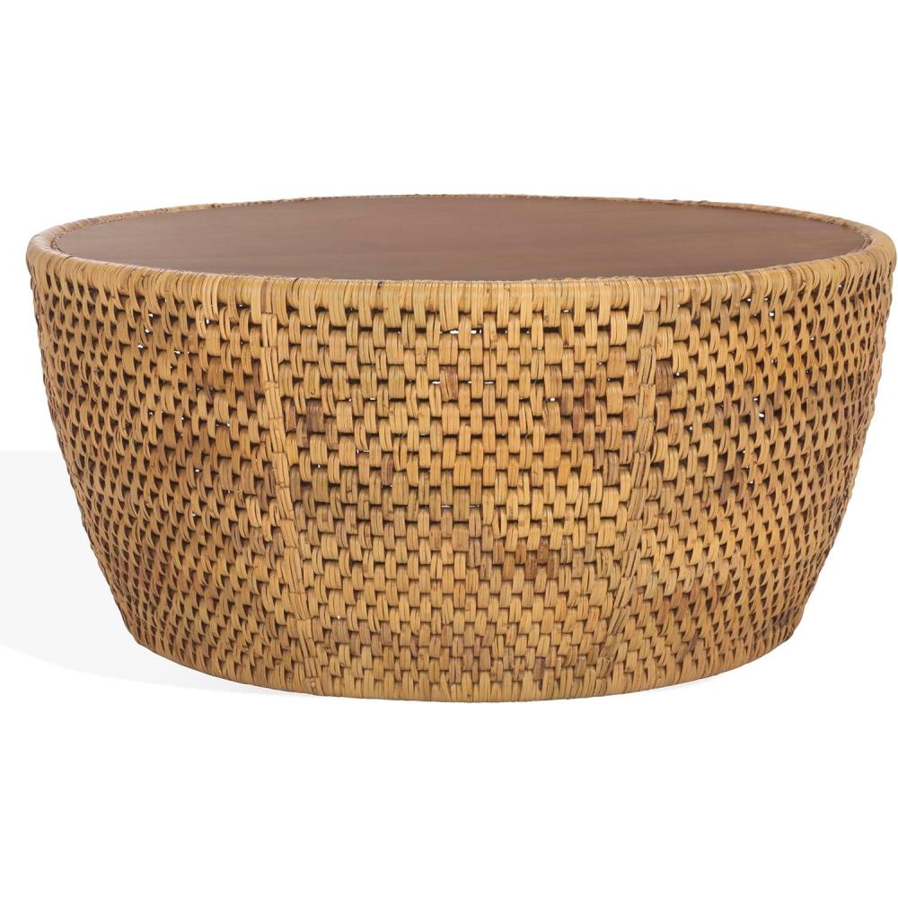 image:imageSAFAVIEH Couture Collection Braylen Natural Rattan amp Glass Coffee Table Round Accent Table Fully Assembled CWK2021ANatural