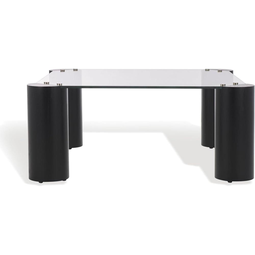 image:imageSAFAVIEH Couture Collection  Robbie Black Square Coffee Table Glass Top with Solid Wood Cylinder Legs Modern Accent Table SFV2308BBlack