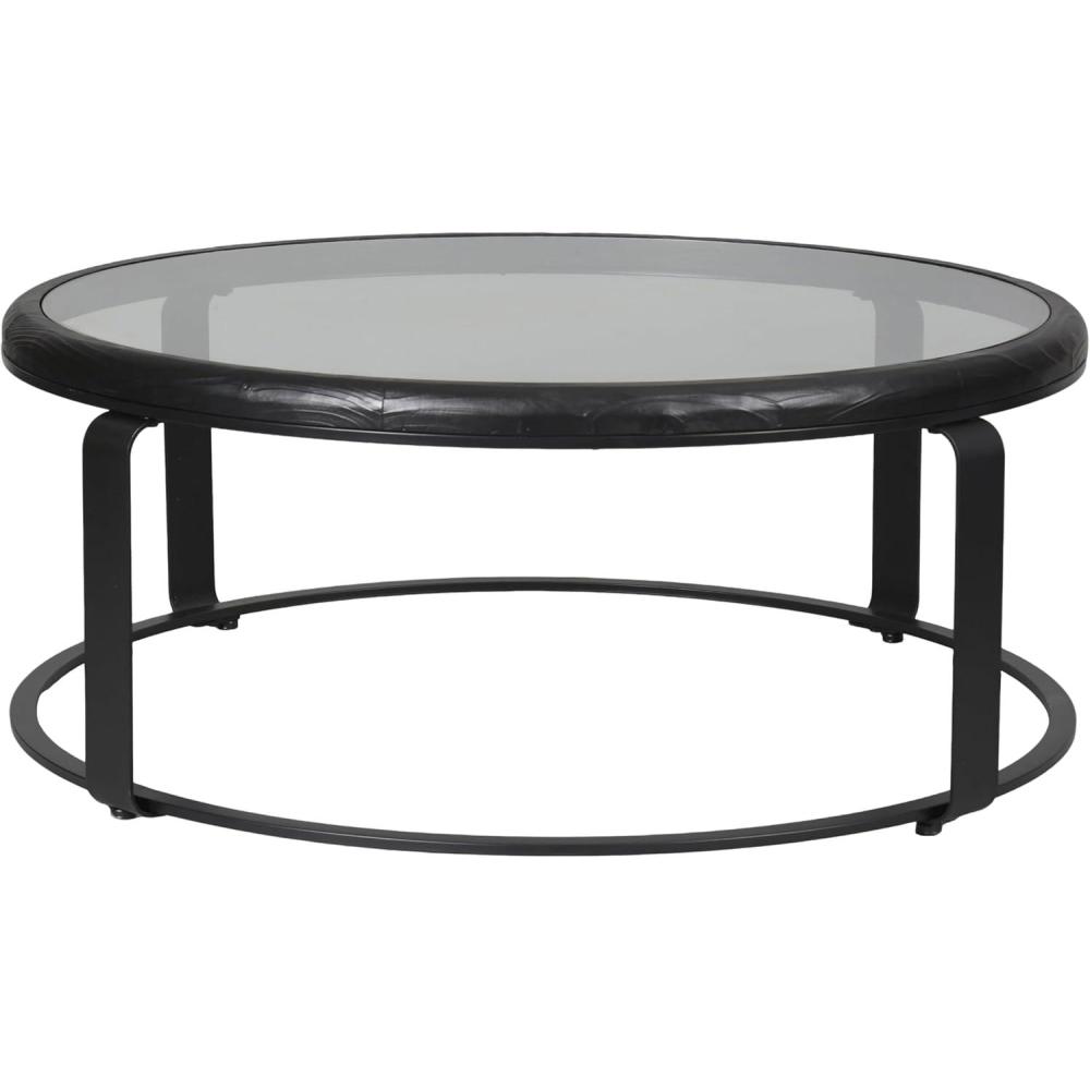 image:imageSAFAVIEH Couture Collection  Tyrese Black Metal Coffee Table Round Clear Glass Top Modern Minimalist Accent Table SFV3005ABlackClear