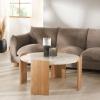 SAFAVIEH Couture Collection – Damarcus Travertine Top Round Coffee Table with Natural Brown Solid Wood Base, Modern Accent Cocktail Table (SFV9731A)(Natural/Travertine)