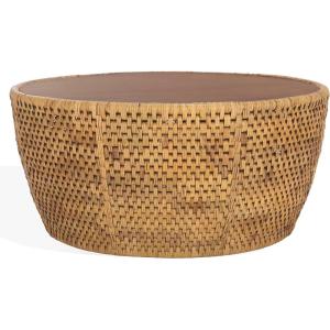 SAFAVIEH Couture Collection – Braylen Natural Rattan & Glass Coffee Table, Round Accent Table, Fully Assembled (CWK2021A)(Natural)