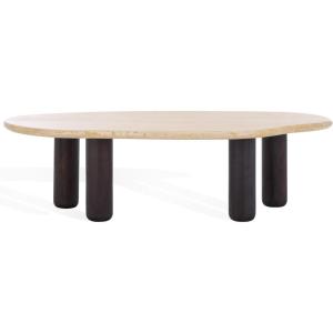 SAFAVIEH Couture Collection – Celestyn Travertine Top Coffee Table with Walnut Solid Wood Legs, Modern Accent Cocktail Table (SFV9737A)(Travertine/Walnut)