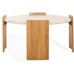 SAFAVIEH Couture Collection – Damarcus Travertine Top Round Coffee Table with Natural Brown Solid Wood Base, Modern Accent Cocktail Table (SFV9731A)(Natural/Travertine)