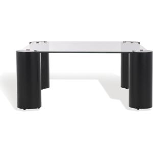SAFAVIEH Couture Collection – Robbie Black Square Coffee Table, Glass Top with Solid Wood Cylinder Legs, Modern Accent Table (SFV2308B)(Black)