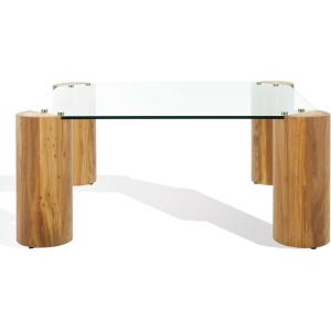 SAFAVIEH Couture Collection – Robbie Black Square Coffee Table, Glass Top with Solid Wood Cylinder Legs, Modern Accent Table (SFV2308B)(Natural)