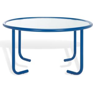 SAFAVIEH Couture Collection – Zuzana Blue Metal Coffee Table with Clear Glass Top, Modern Round Cocktail Table, Fully Assembled (SFV6806C)(Blue/Clear)