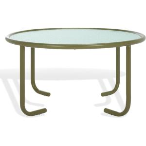 SAFAVIEH Couture Collection – Zuzana Blue Metal Coffee Table with Clear Glass Top, Modern Round Cocktail Table, Fully Assembled (SFV6806C)(Olive Green/Clear)