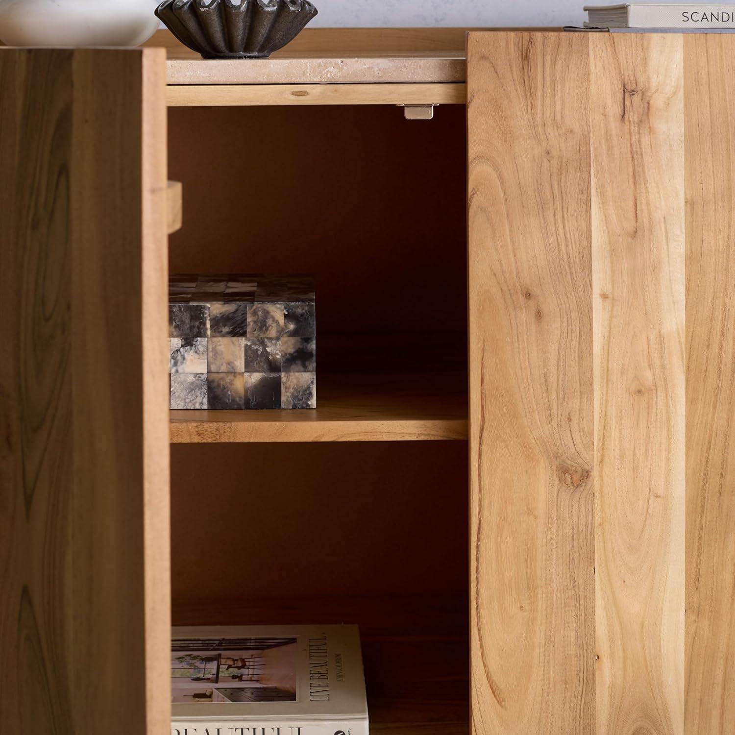 image:imageSAFAVIEH Couture Collection Ashlietta Natural Wood amp Travertine Top Sideboard Modern Storage Cabinet Fully Assembled SFV5778ANaturalTravertine