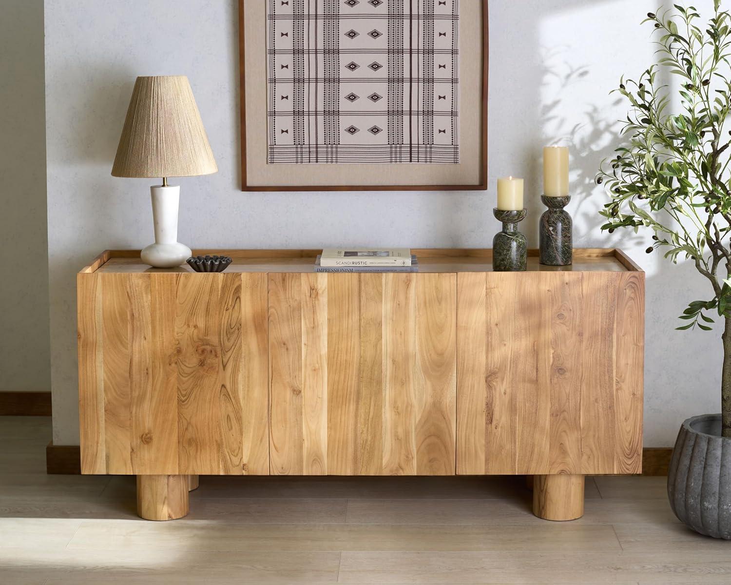 image:imageSAFAVIEH Couture Collection Ashlietta Natural Wood amp Travertine Top Sideboard Modern Storage Cabinet Fully Assembled SFV5778ANaturalTravertine