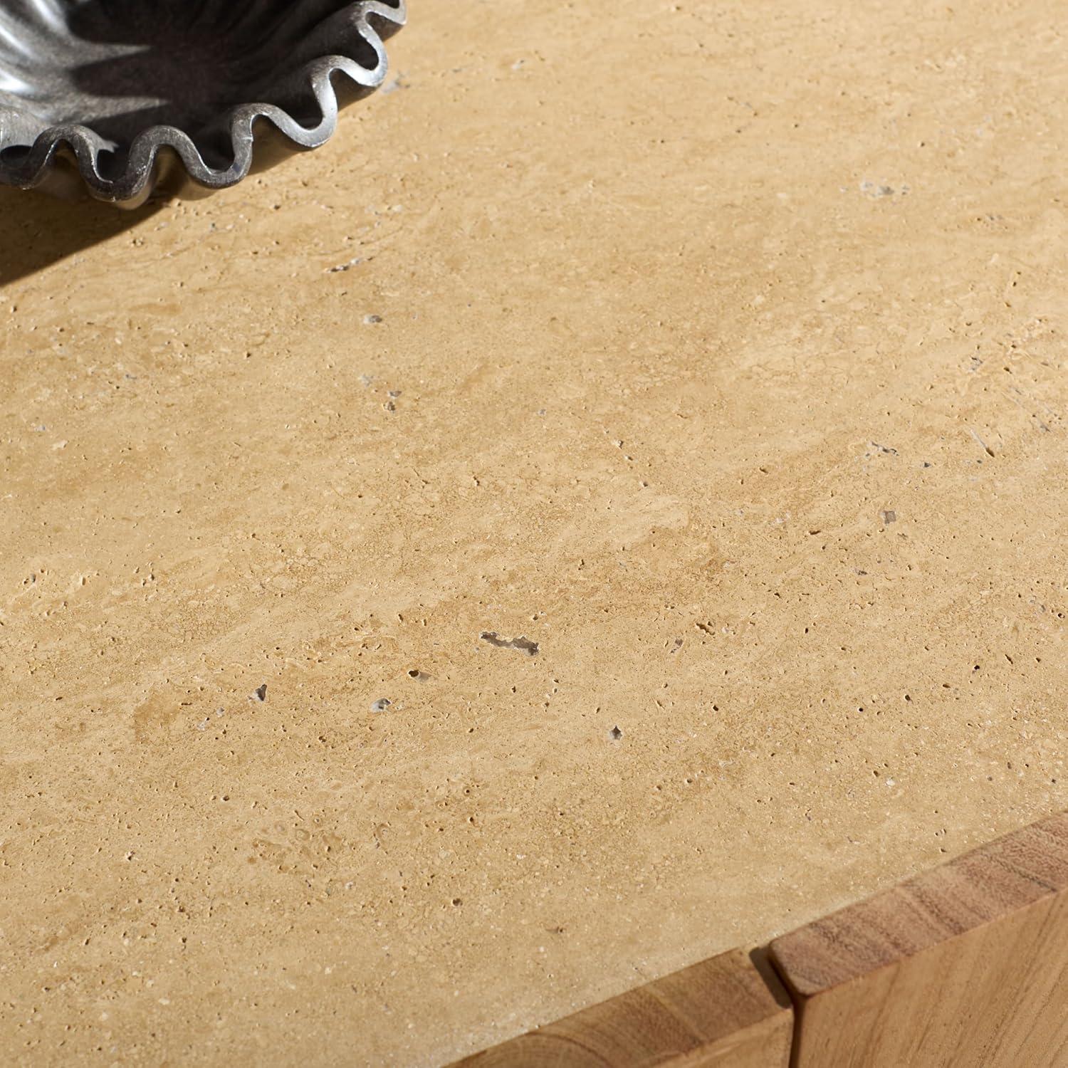image:imageSAFAVIEH Couture Collection Ashlietta Natural Wood amp Travertine Top Sideboard Modern Storage Cabinet Fully Assembled SFV5778ANaturalTravertine