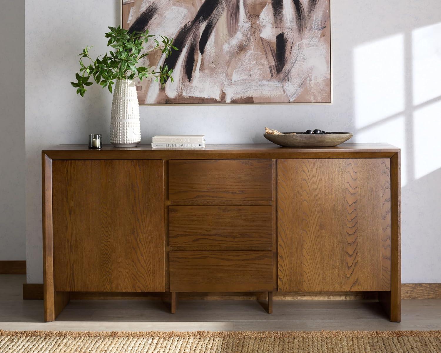 image:imageSAFAVIEH Couture Collection Darnell Medium Oak Wood Sideboard 3 Drawers amp 2 Cabinets Modern Storage Buffet Fully Assembled SFV2216CMedium Oak