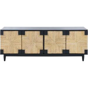 SAFAVIEH Couture Roseanne TV Stand for up to 70″ Flatscreen – Black & Natural Brown, 4 Banana Stem Doors with Interior Storage, Entertainment Media Console Cabinet (SFV1326A)(Black/Natural)