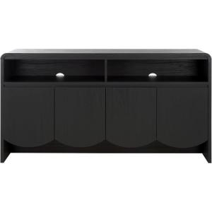 SAFAVIEH Narine TV Stand for up to 65″ Flatscreen – Distressed Black, 4 Doors with Interior Storage, 2 Open Shelves, Sideboard Entertainment Media Console Cabinet (MED9620E)(Black)