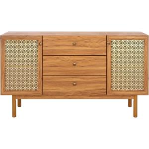 SAFAVIEH Piran TV Stand for up to 60″ Flatscreen – Walnut & Gold, 2 Doors with Interior Storage, 3 Drawers, Sideboard Entertainment Media Console (MED9631A)(Oak/Gold)