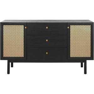 SAFAVIEH Piran TV Stand for up to 60″ Flatscreen – Walnut & Gold, 2 Doors with Interior Storage, 3 Drawers, Sideboard Entertainment Media Console (MED9631A)(Black/Gold)
