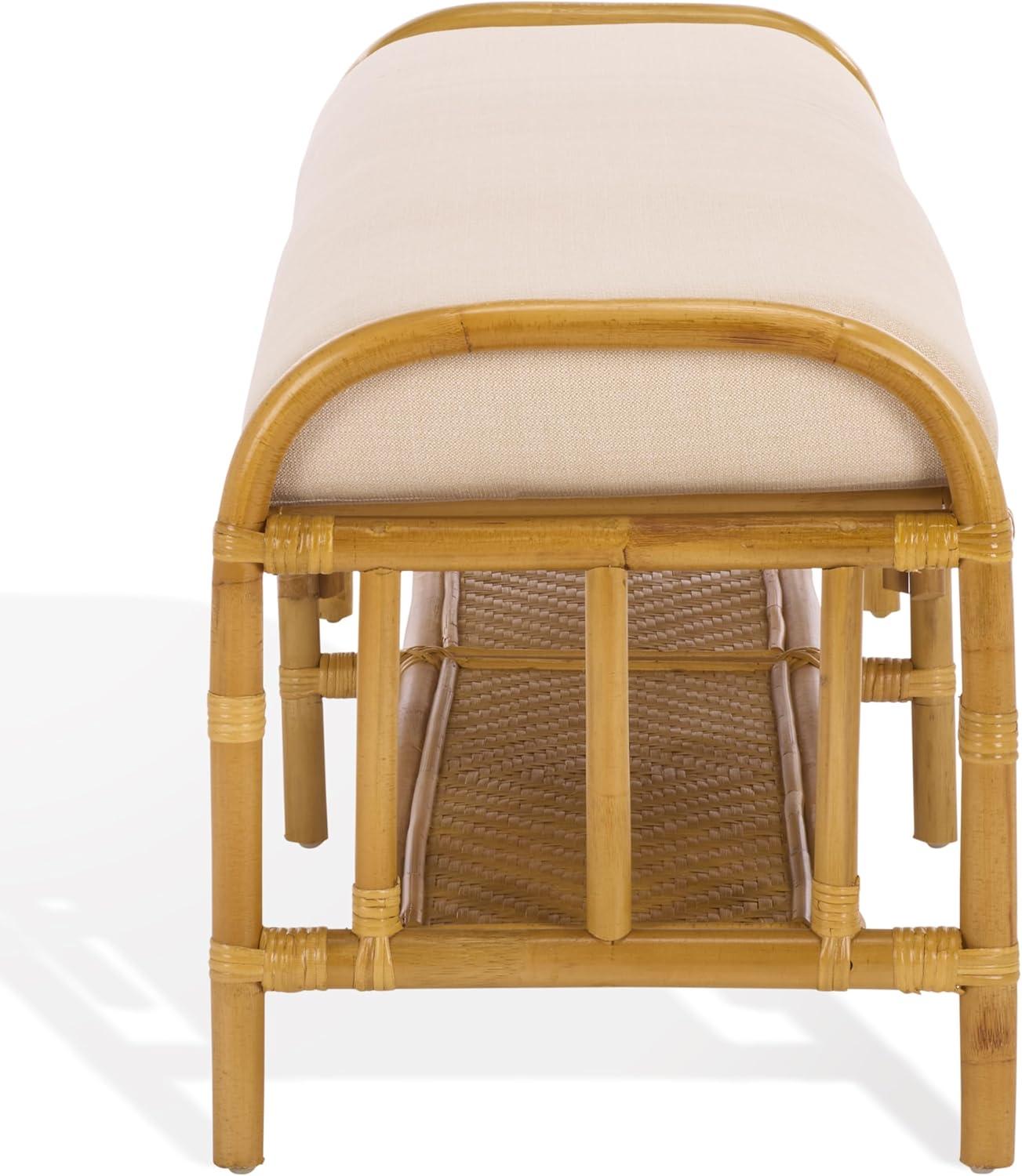 image:imageSAFAVIEH Couture Collection Flanders Natural Rattan amp White Bench Cushioned Entryway Bench with Lower Shelf Storage Coastal Boho Accent Seating Fully Assembled CWK2032ANaturalWhite