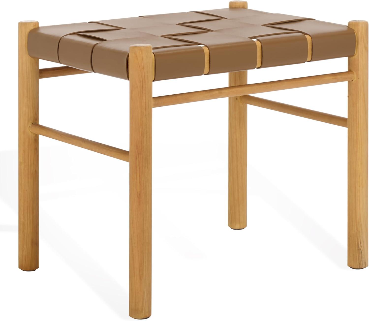 image:imageSAFAVIEH Couture Collection Devnie Brown Woven Leather amp Natural Solid Wood Ottoman Fully AssembledBrownNatural