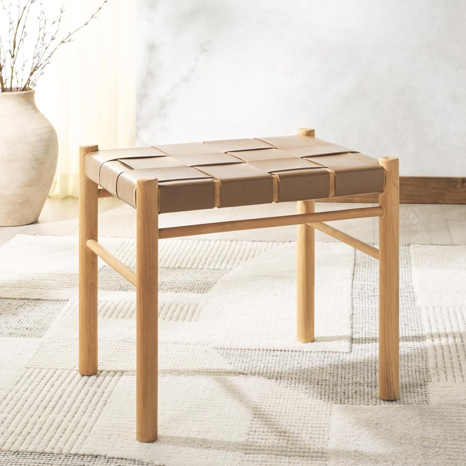 image:imageSAFAVIEH Couture Collection Devnie Brown Woven Leather amp Natural Solid Wood Ottoman Fully AssembledBrownNatural