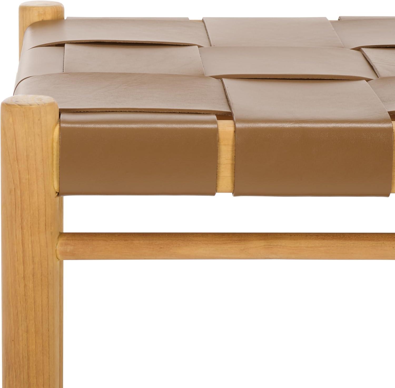 image:imageSAFAVIEH Couture Collection Devnie Brown Woven Leather amp Natural Solid Wood Ottoman Fully AssembledBrownNatural