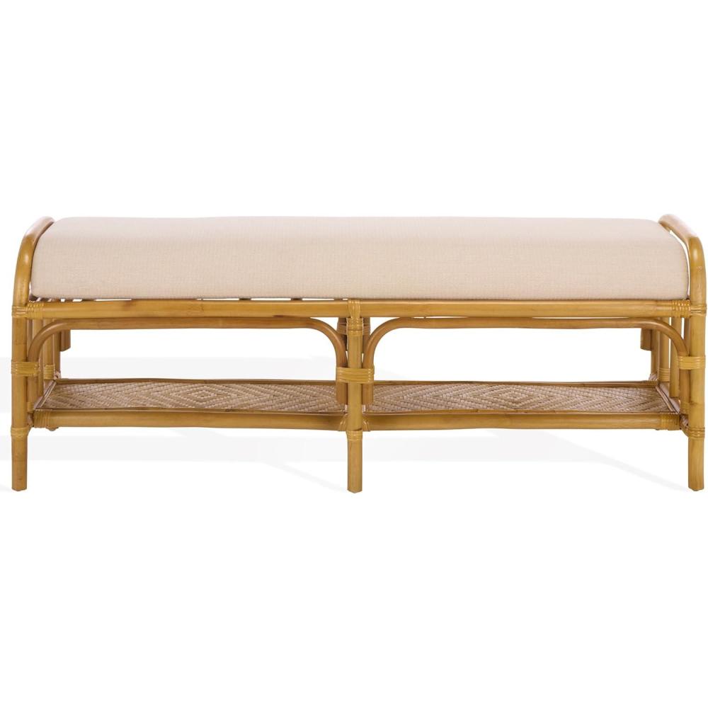 image:imageSAFAVIEH Couture Collection Flanders Natural Rattan amp White Bench Cushioned Entryway Bench with Lower Shelf Storage Coastal Boho Accent Seating Fully Assembled CWK2032ANaturalWhite