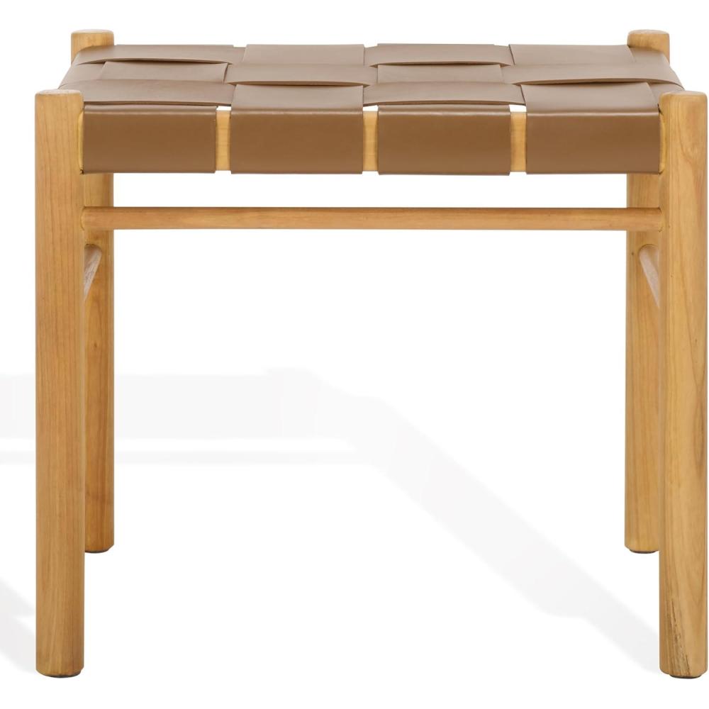 image:imageSAFAVIEH Couture Collection Devnie Brown Woven Leather amp Natural Solid Wood Ottoman Fully AssembledBrownNatural