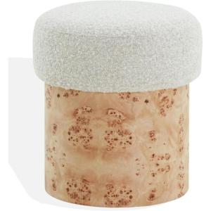 SAFAVIEH Couture Collection – Tobianna Round Cream Boucle & Burl Wood Ottoman, Modern Accent Seat, Fully Assembled (SFV5149A)(Beige/Burl)