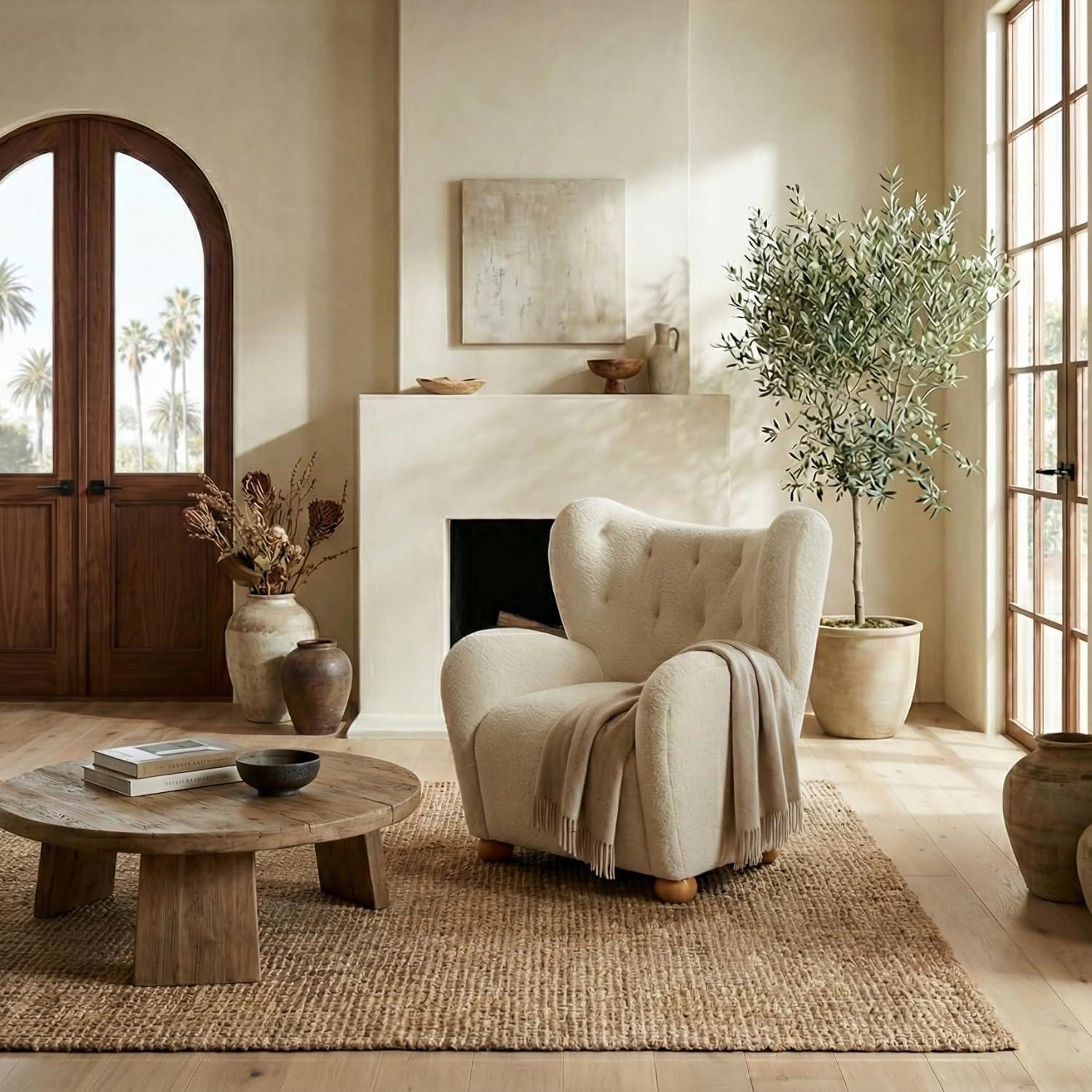 image:imageSAFAVIEH Couture Collection Galloway Taupe Chenille Wingback Accent Chair Upholstered Lounge Seating SFV5139EBeigeNatural
