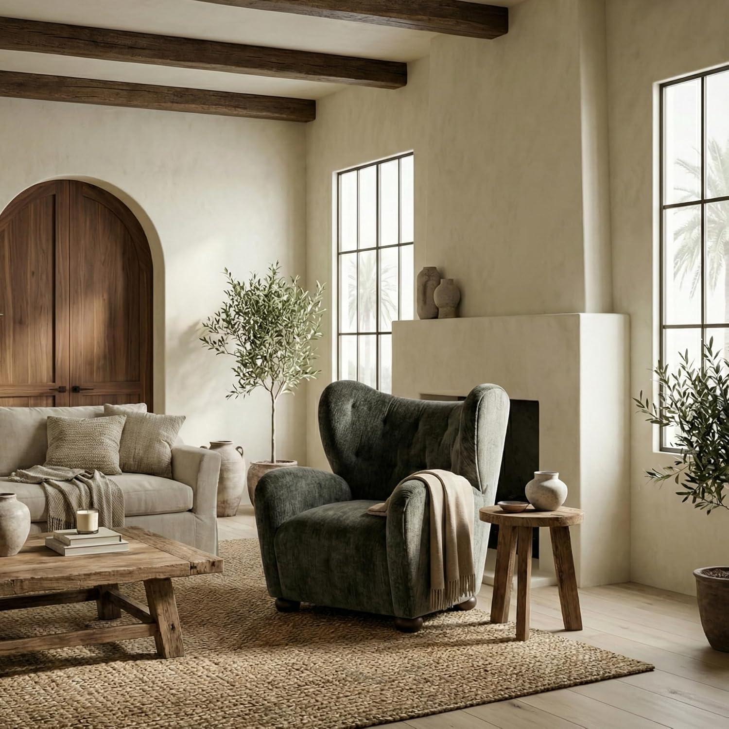 image:imageSAFAVIEH Couture Collection Galloway Taupe Chenille Wingback Accent Chair Upholstered Lounge Seating SFV5139EDark GreenWalnut