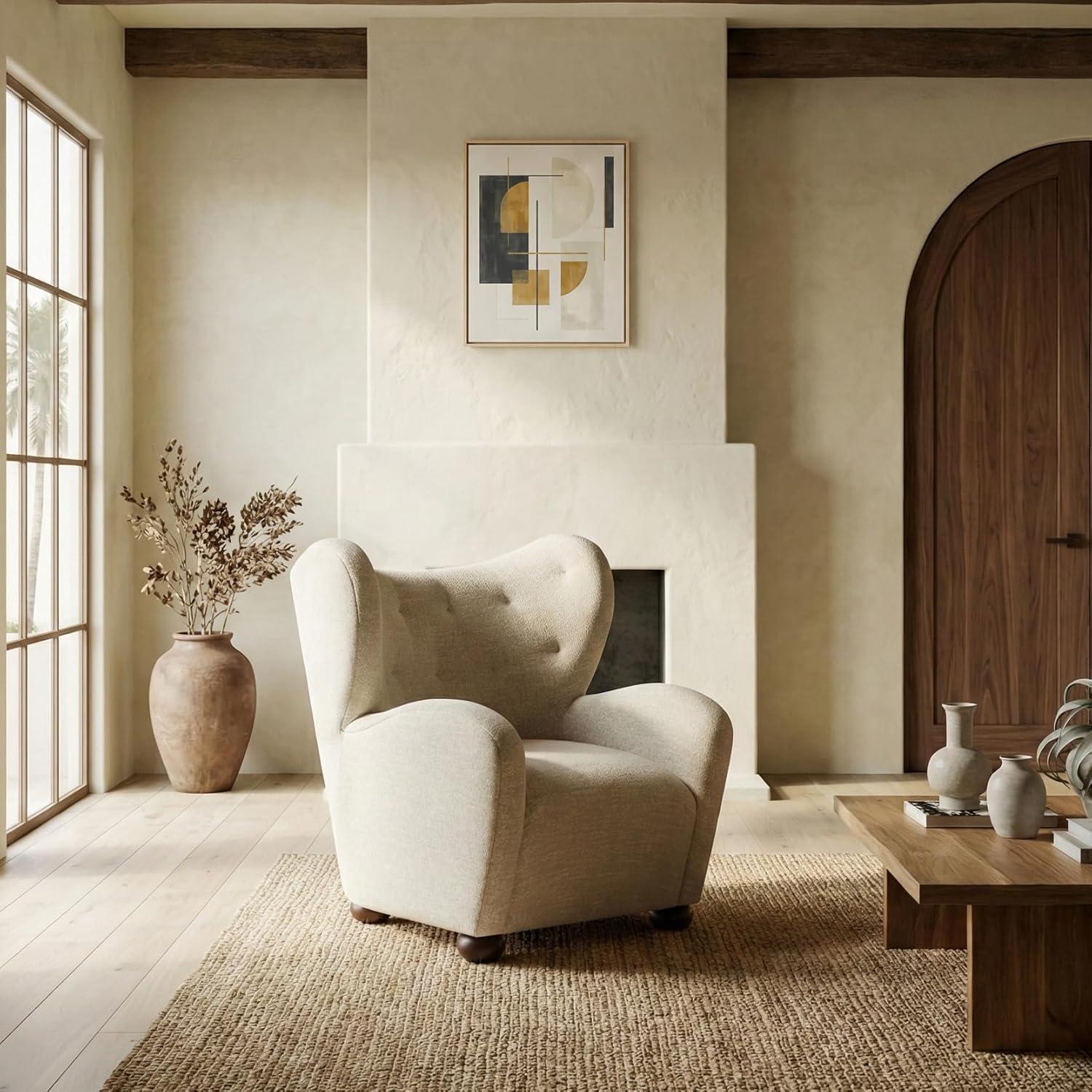 image:imageSAFAVIEH Couture Collection Galloway Taupe Chenille Wingback Accent Chair Upholstered Lounge Seating SFV5139ETaupeWalnut