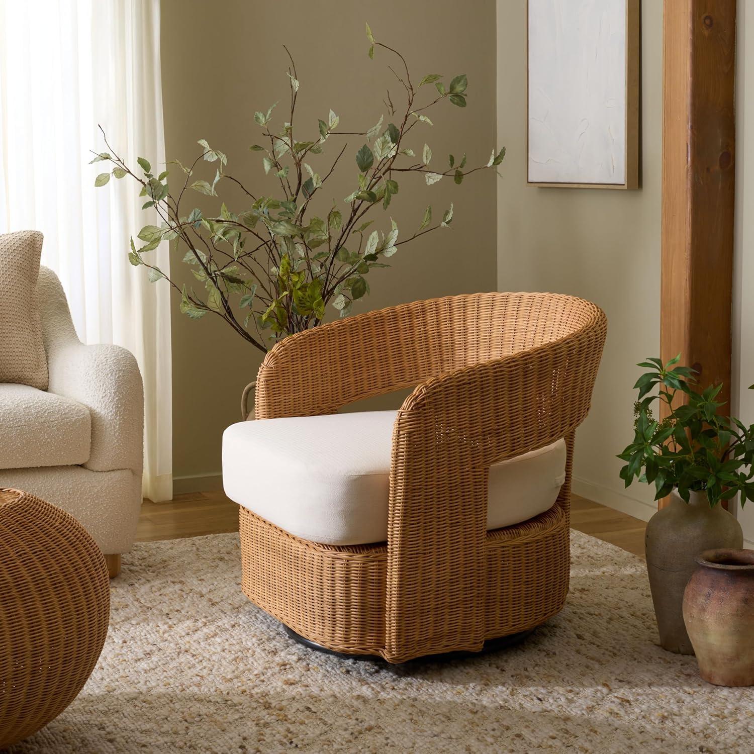 image:imageSAFAVIEH Couture Collection Leanna Natural Rattan Swivel Accent Chair with White Cushion Fully Assembled Woven Barrel Chair for Living Room Bedroom or Home Office CWK3026ANaturalWhite