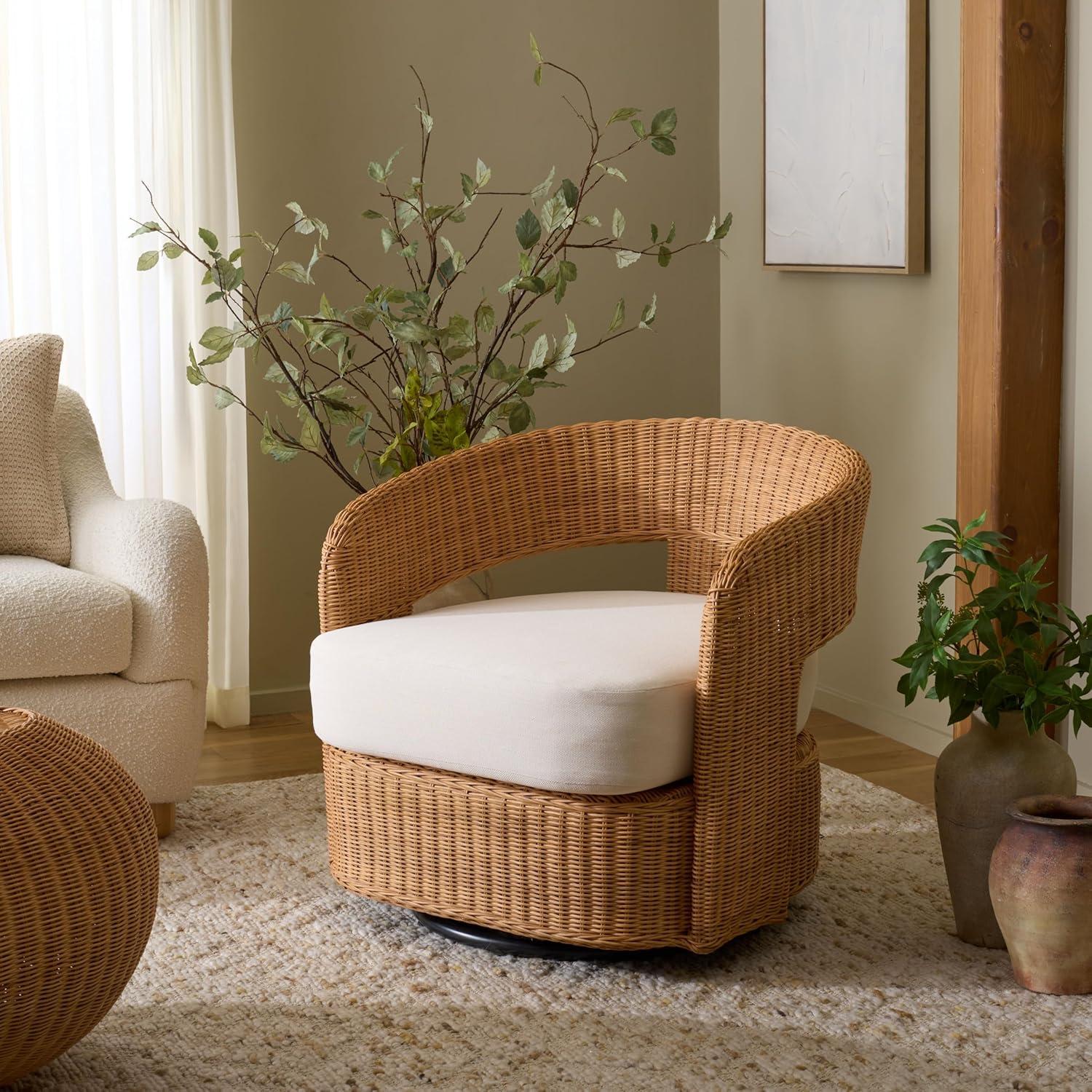 image:imageSAFAVIEH Couture Collection Leanna Natural Rattan Swivel Accent Chair with White Cushion Fully Assembled Woven Barrel Chair for Living Room Bedroom or Home Office CWK3026ANaturalWhite