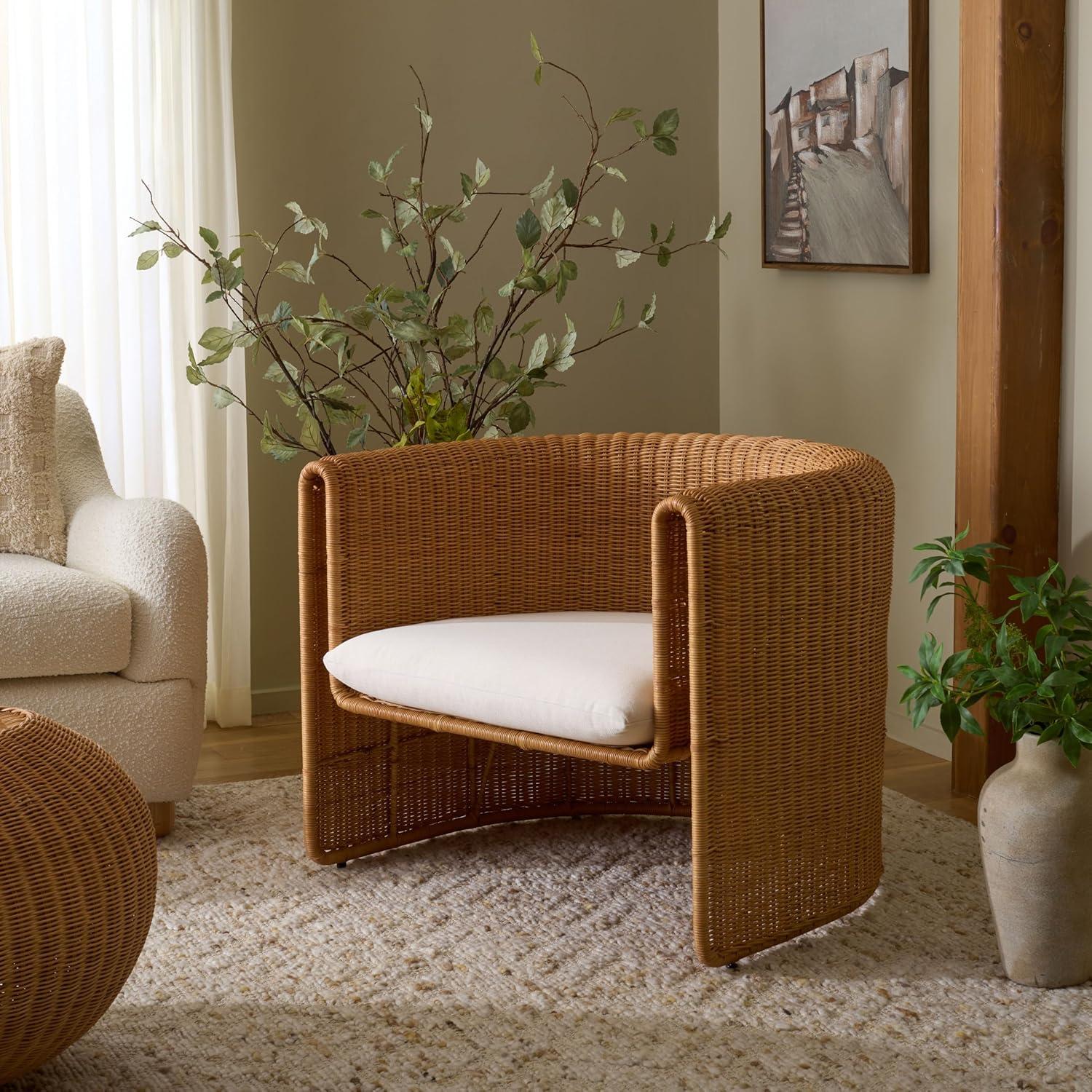 image:imageSAFAVIEH Couture Collection OReilly Rattan Accent Chair with Cushion Sculptural Barrel Chair for Living Room or Bedroom Fully Assembled CWK3025ANaturalWhite