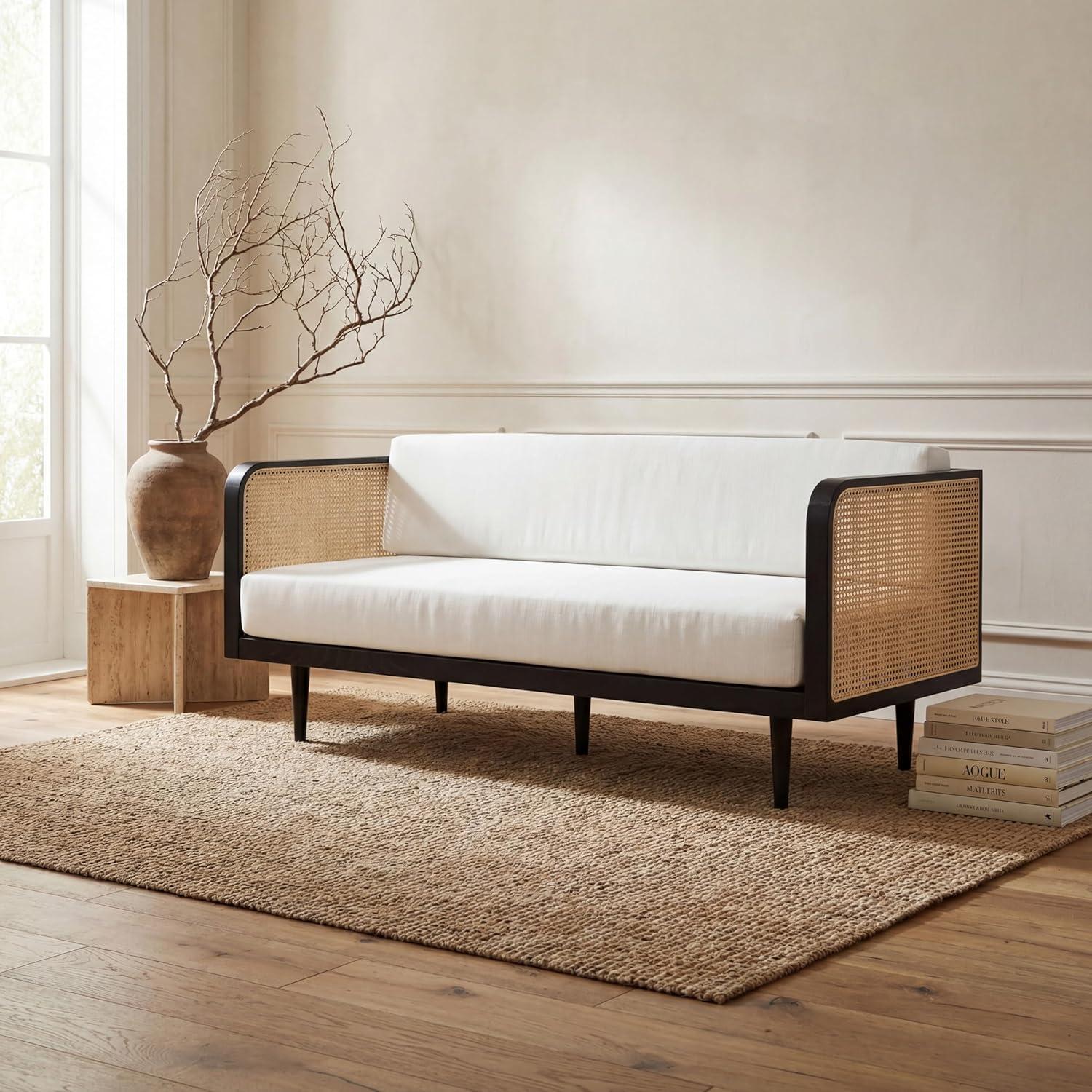 image:imageSAFAVIEH Couture Collection Petroski French Cane Sofa Black Wood Frame with Natural Rattan Sides Modern Design DUP1007ABlackNatural