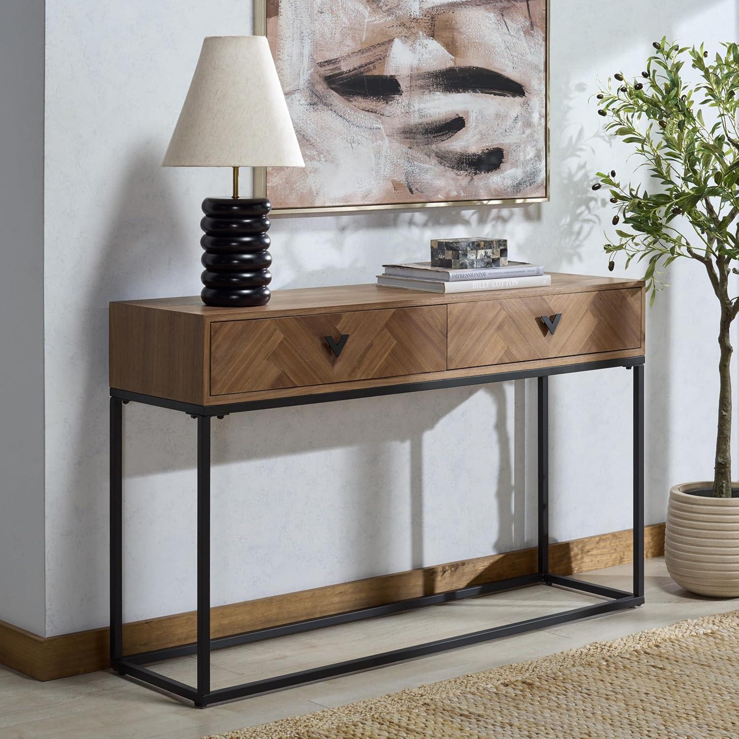 image:imageSAFAVIEH Couture Collection Sherriandra Walnut amp Black Metal Console Table with 2 Drawers Modern Accent SFV3010BWalnutBlack
