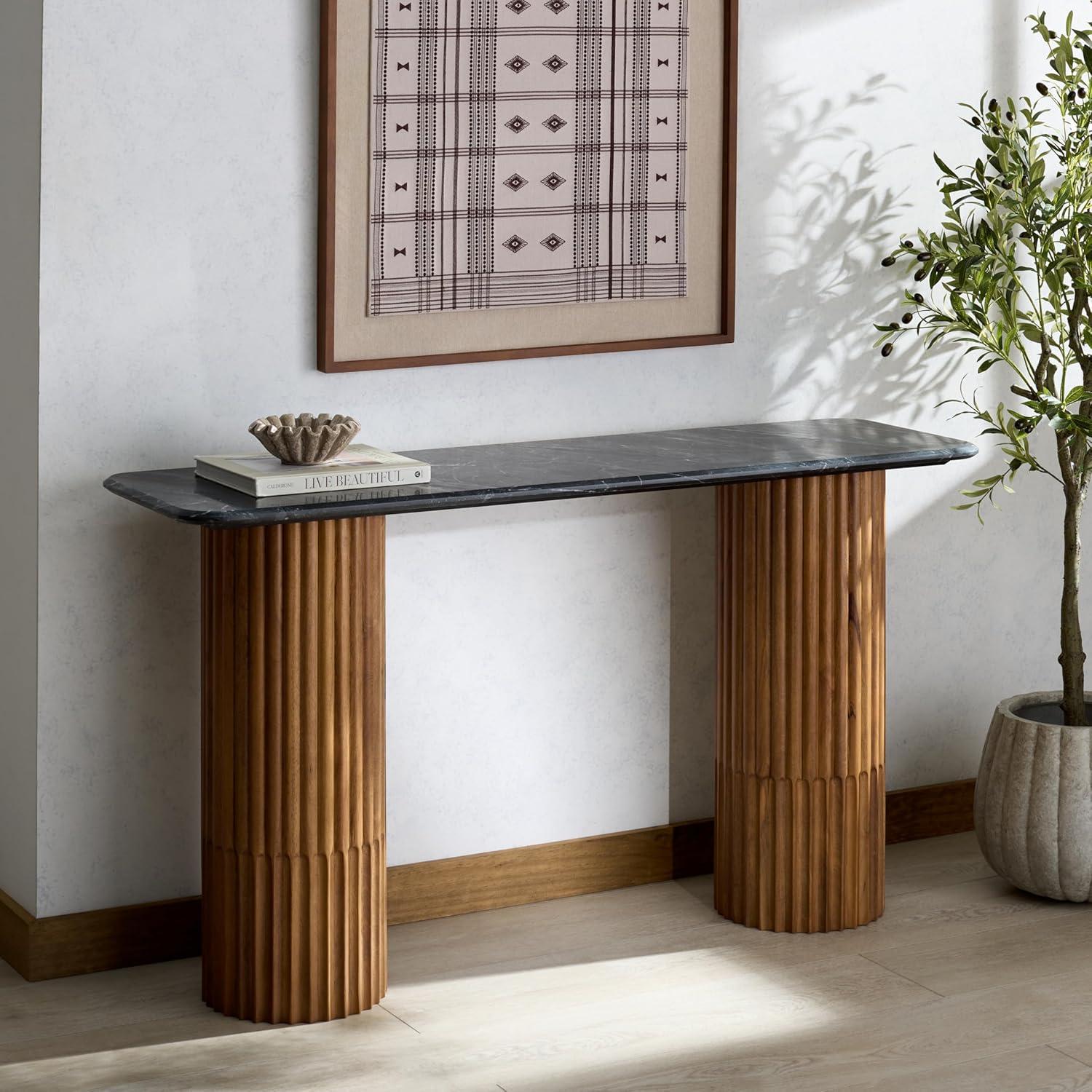 image:imageSAFAVIEH Couture Collection Treyshawn Walnut Solid Wood Console Table Rectangular Fluted Base Accent SFV6411AWalnutBlack